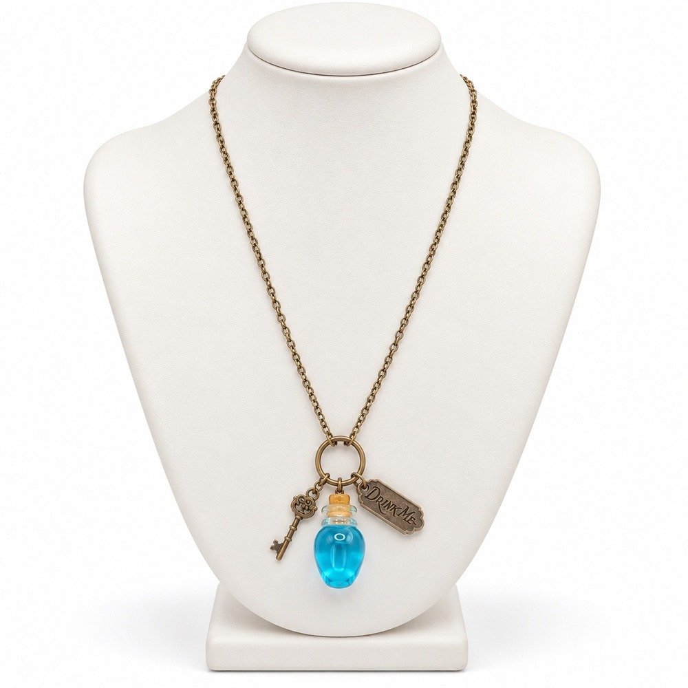 Disney Drink Me Necklace Blue Potion Bottle Key Charm Alice Wonderland 31-35in